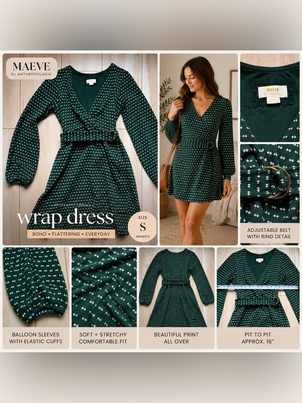 Maeve Anthropologie Green Wrap Dress Small Long Sleeve Belted Boho Mini Dress